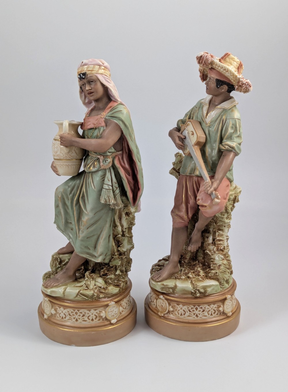 Antique Royal Dux Bohemia Porcelain Figures of Gypsy Boy and Girl, c. 1875 View II