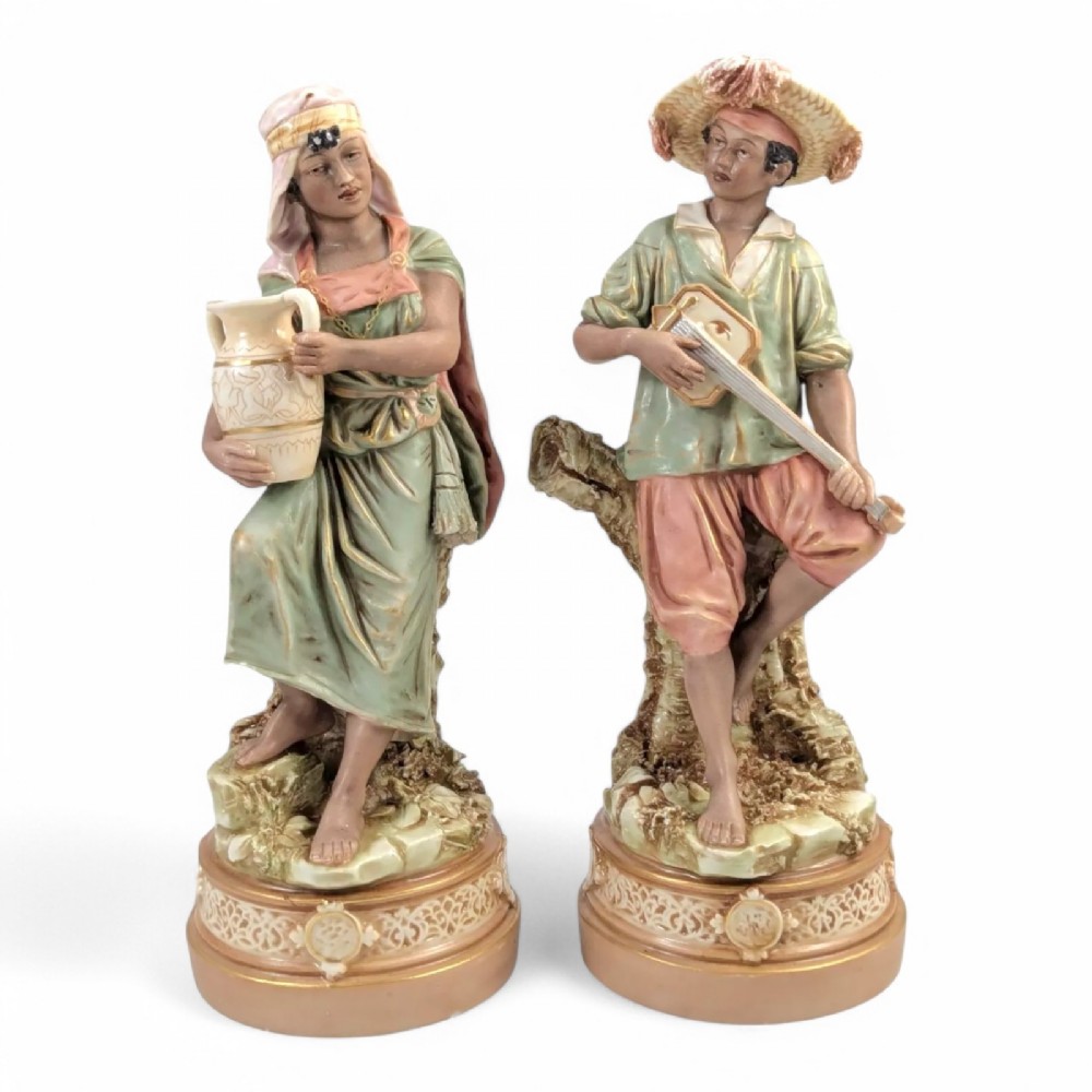 Antique Royal Dux Bohemia Porcelain Figures of Gypsy Boy and Girl, c. 1875