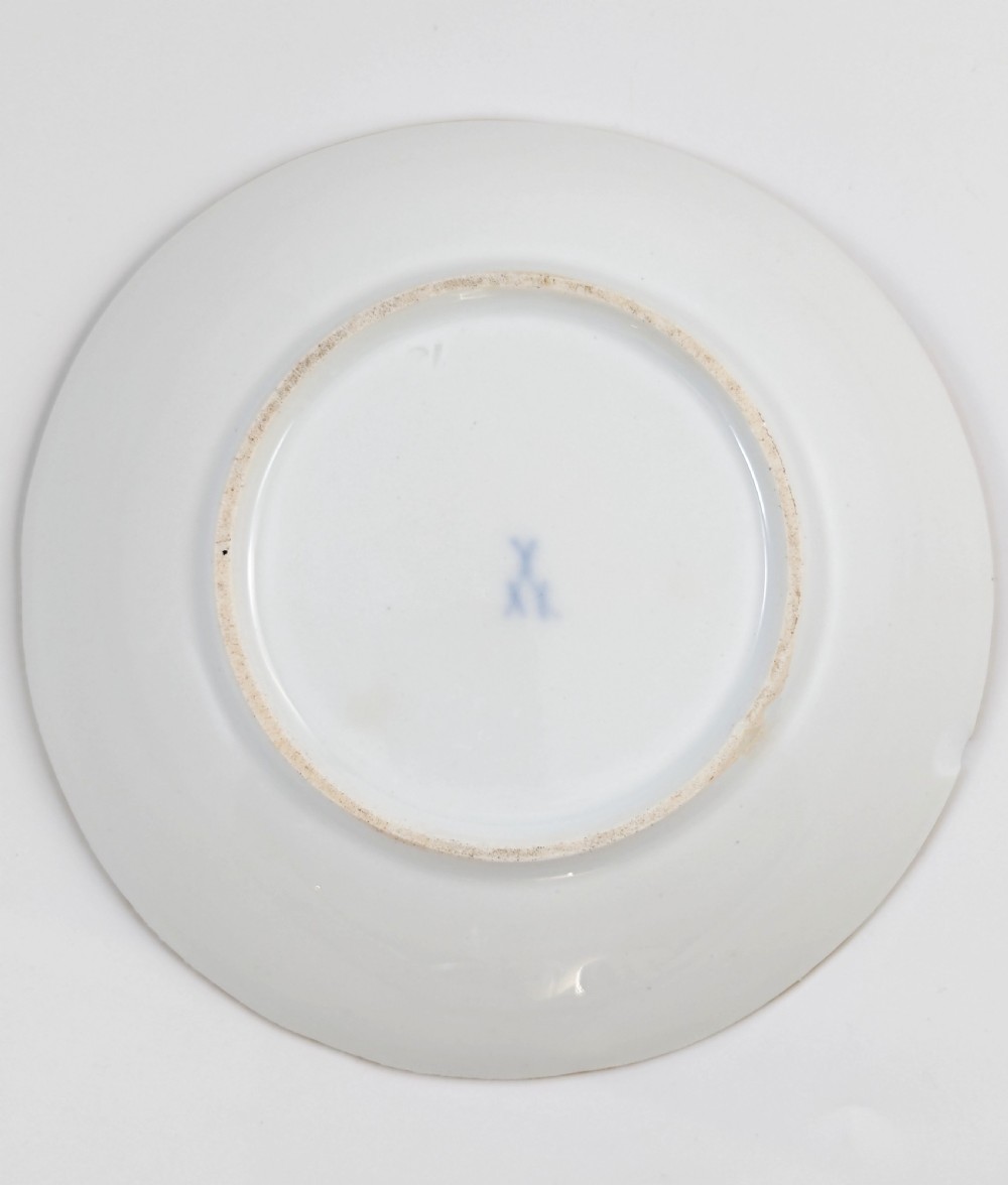 An antique nineteenth-century Meissen porcelain demitasse cup and saucer in yellow featuring hand-painted pastoral scenes set within intricate gilded cartouches. View XV