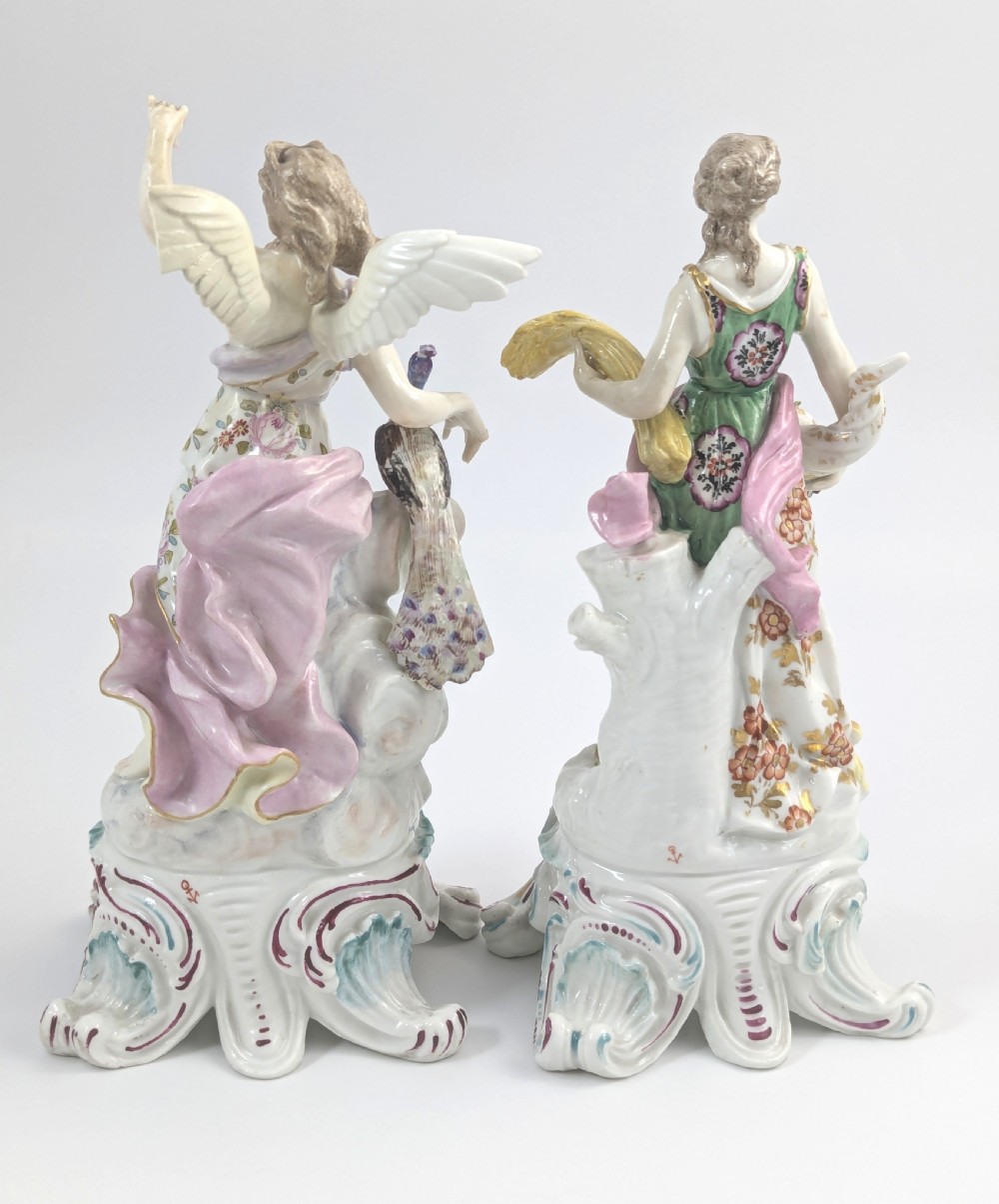 A pair of 19th-century French Samson polychrome porcelain allegorical figures standing on pierced Rococo scroll pedestals. View III