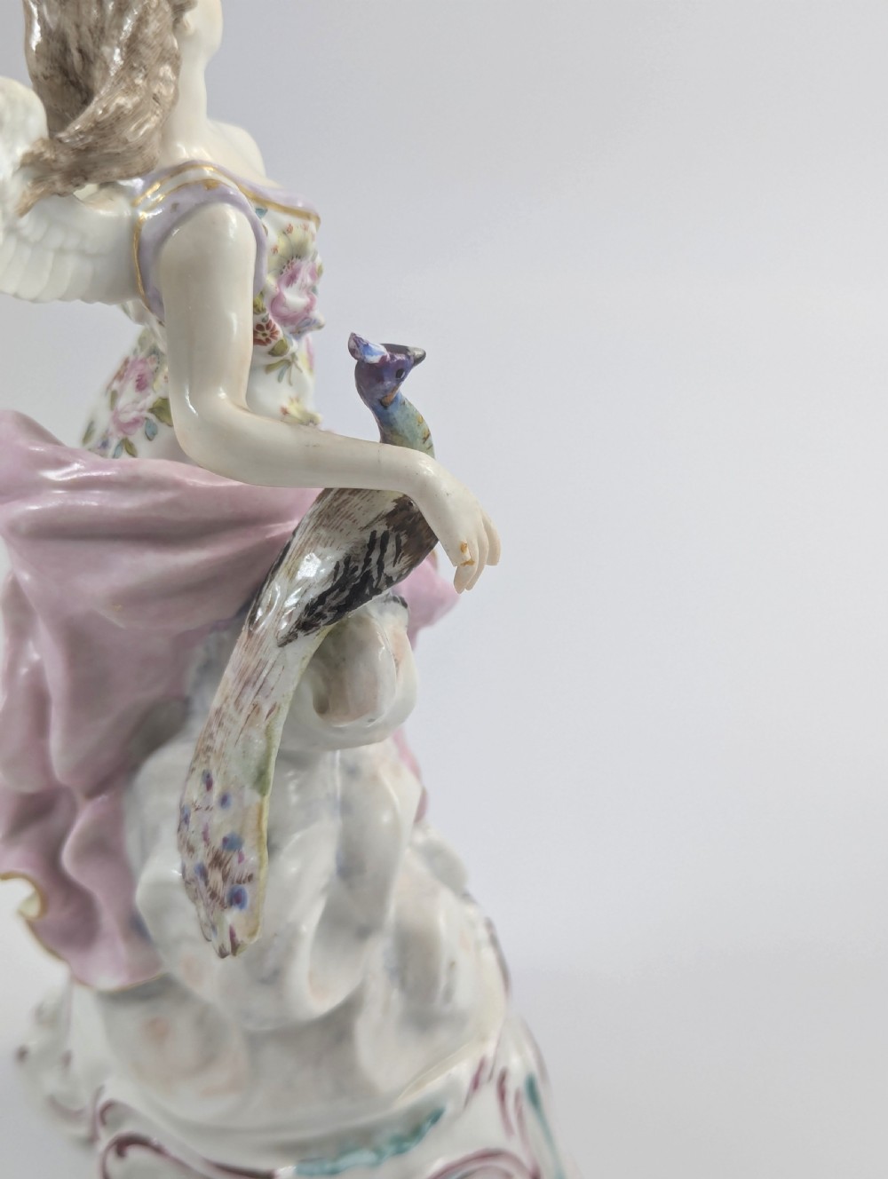 A pair of 19th-century French Samson polychrome porcelain allegorical figures standing on pierced Rococo scroll pedestals. View VII