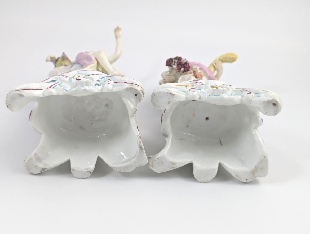 A pair of 19th-century French Samson polychrome porcelain allegorical figures standing on pierced Rococo scroll pedestals. View VIII