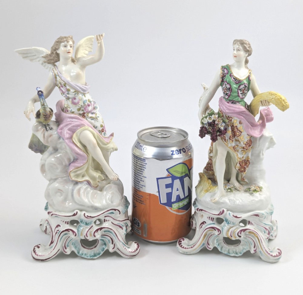 A pair of 19th-century French Samson polychrome porcelain allegorical figures standing on pierced Rococo scroll pedestals. View X