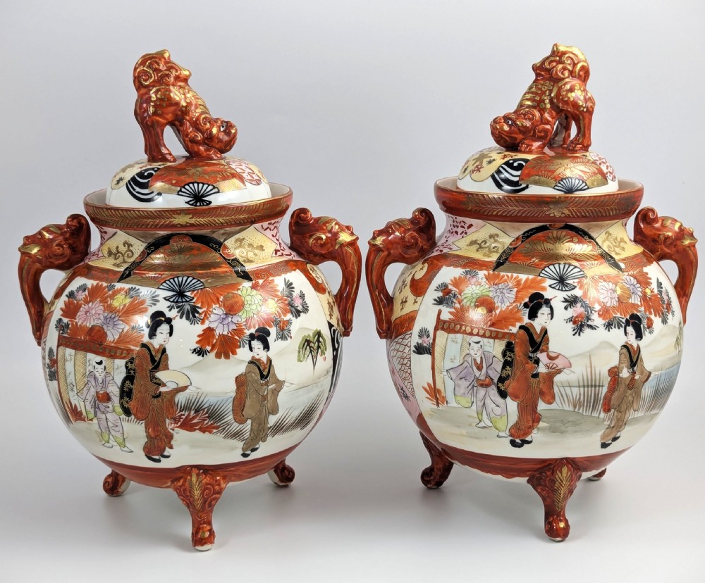 Exquisite Pair of Meiji Period Kutani Footed Jars, Japan 