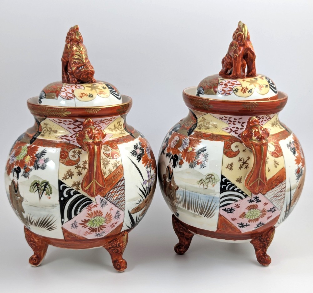 Exquisite Pair of Meiji Period Kutani Footed Jars, Japan  View II