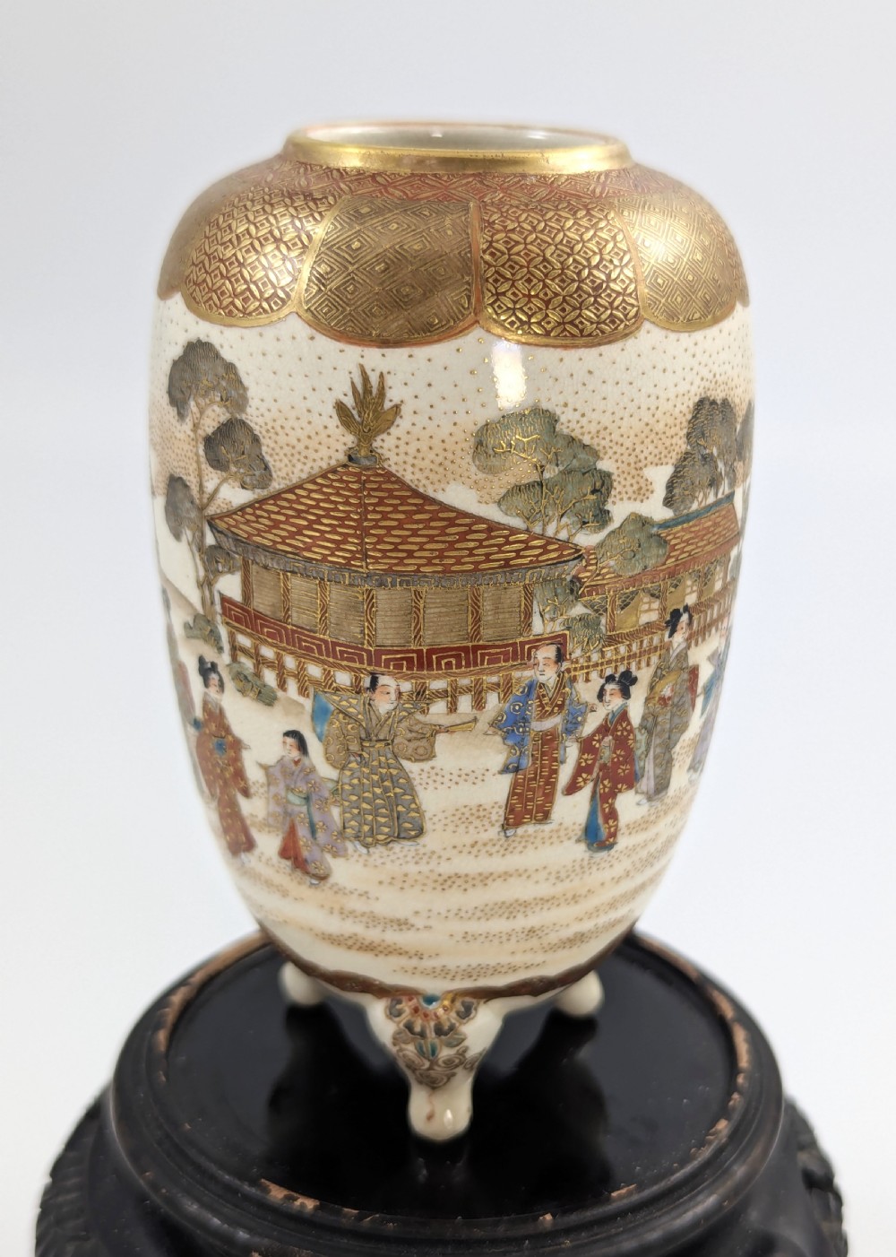Antique Japanese Satsuma footed vase, hand-painted courtly scene, gold detailing View II