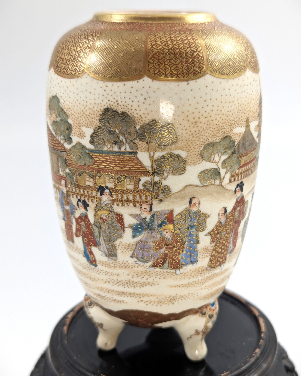 Antique Japanese Satsuma footed vase, hand-painted courtly scene, gold detailing View III