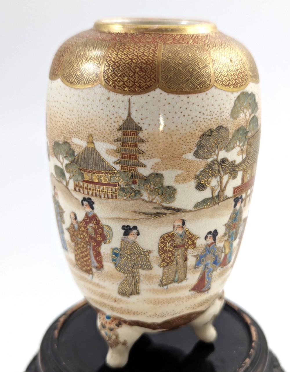 Antique Japanese Satsuma footed vase, hand-painted courtly scene, gold detailing View IV