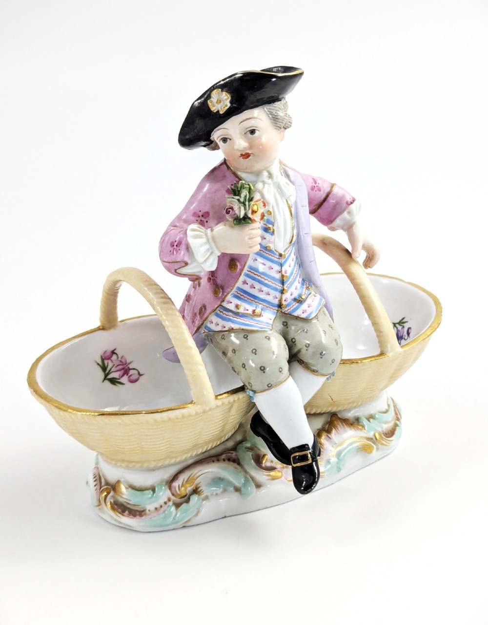 Meissen antique porcelain figural double salt cellars, Rococo style, c. 1830 View X