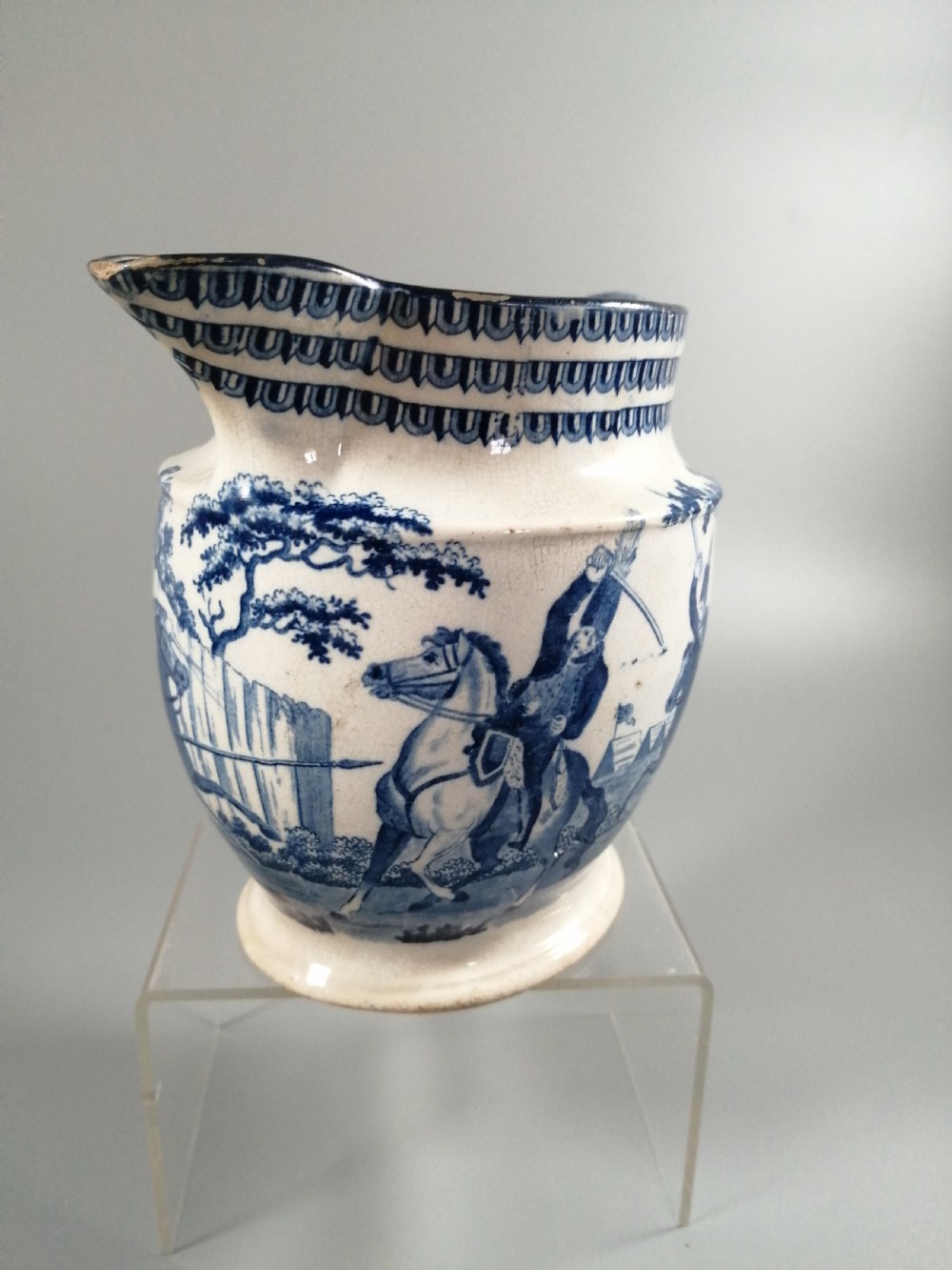 Rare Staffordshire Transfer Pearlware Pottery Jug, “Cossack Mode of Attack”,1814 View IV