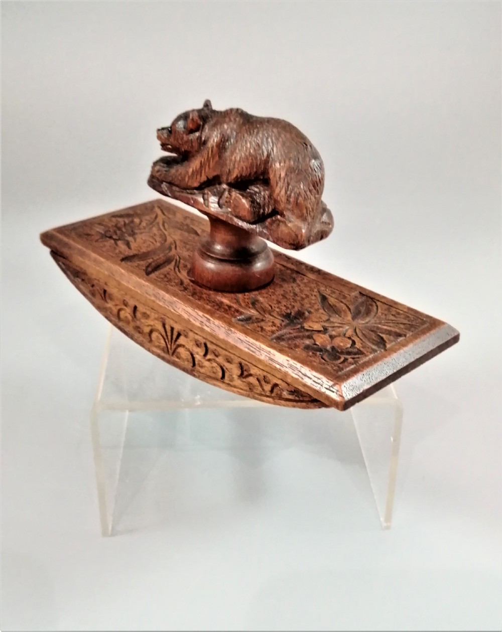 19th century Black Forest walnut desk blotter with a bear View II