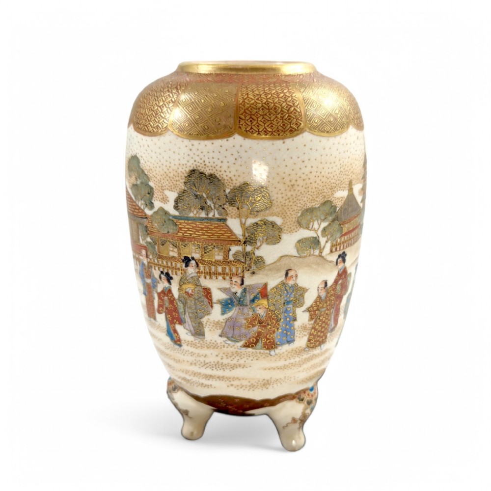 Antique Japanese Satsuma footed vase, hand-painted courtly scene, gold detailing
