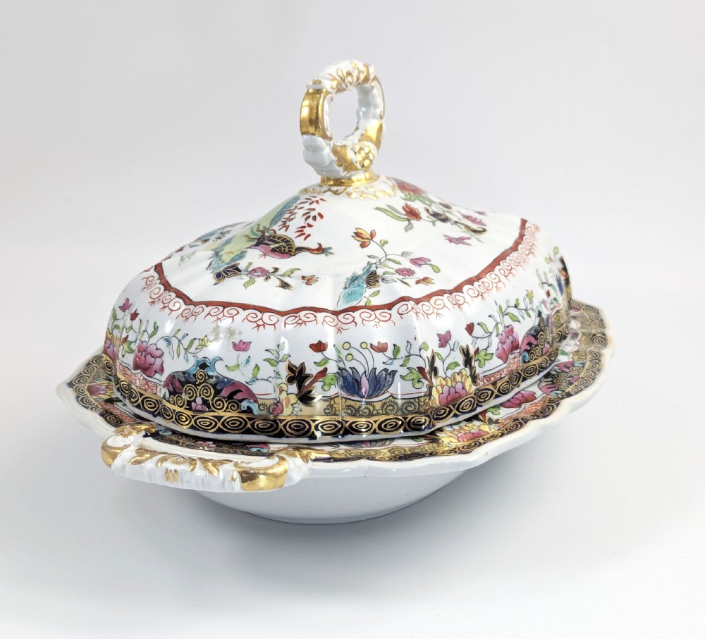An antique Masons ironstone covered tureen with hand-painted polychrome Chinoiserie floral patterns, loop side handles, and a gilded handle on the lid. View III