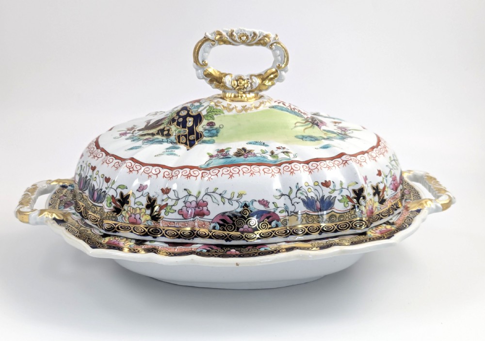An antique Masons ironstone covered tureen with hand-painted polychrome Chinoiserie floral patterns, loop side handles, and a gilded handle on the lid. View VII