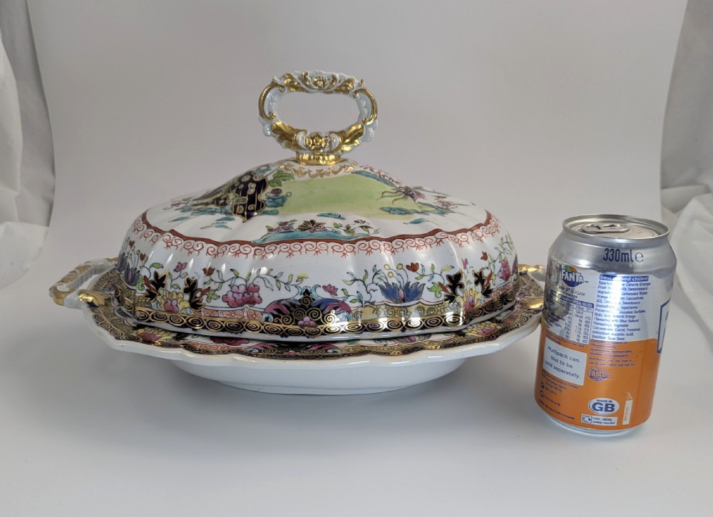 An antique Masons ironstone covered tureen with hand-painted polychrome Chinoiserie floral patterns, loop side handles, and a gilded handle on the lid. View XIII