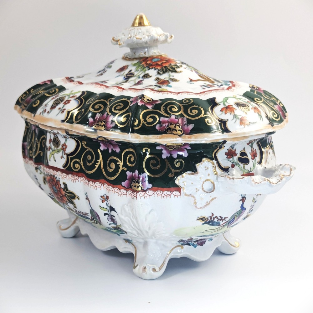 Antique Mason’s large lidded tureen, Famille Verte Chinoiserie, peacocks, c 1830 View V