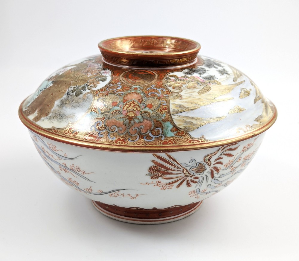 Large Edo Kutani Japanese porcelain lidded bowl by Okuda, signed, c. 1800–1850 View V