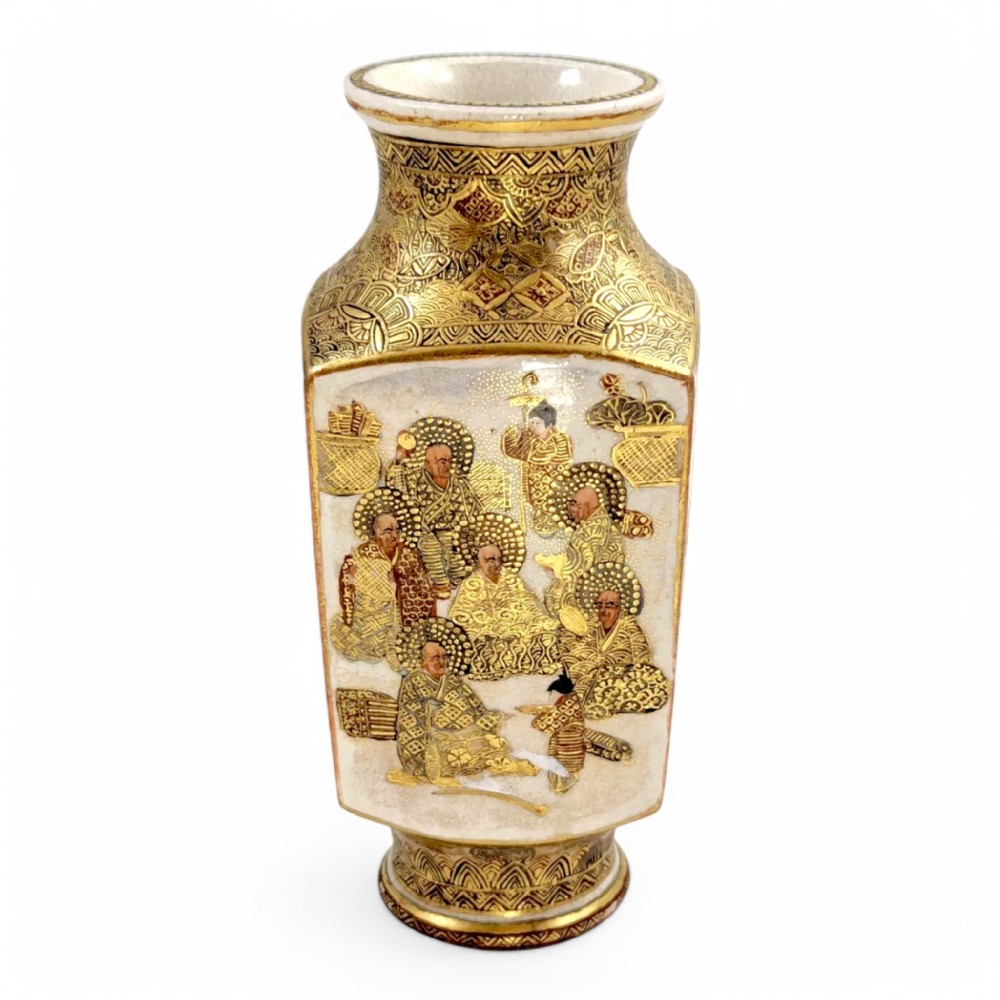Meiji period white Satsuma vase, Shiro Satsuma with Rakan and court scenes c. 1890