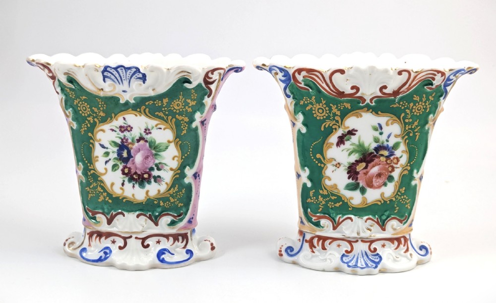 Old Paris porcelain pair of flared vases, Jacob Petit style with hand-painted floral medallions, c. 1850 View III