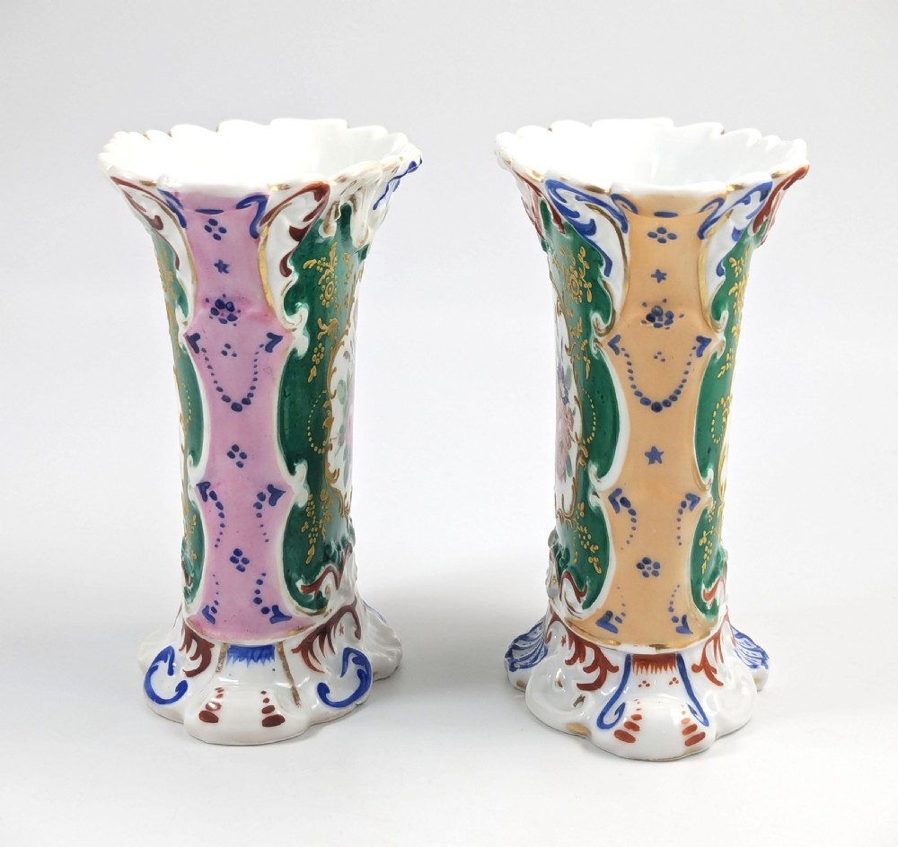 Old Paris porcelain pair of flared vases, Jacob Petit style with hand-painted floral medallions, c. 1850 View IV