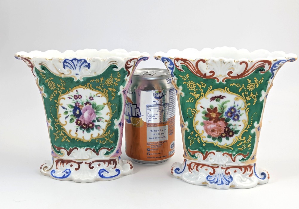 Old Paris porcelain pair of flared vases, Jacob Petit style with hand-painted floral medallions, c. 1850 View VIII
