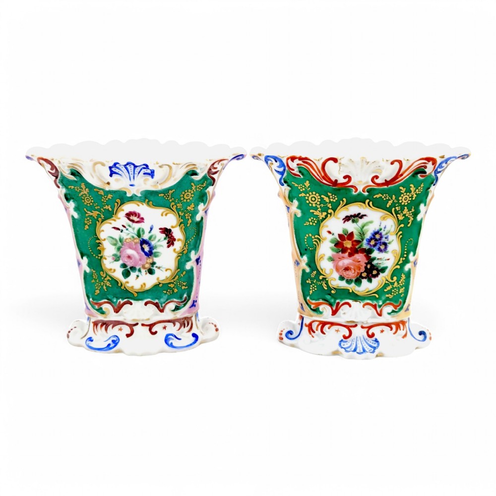 Old Paris porcelain pair of flared vases, Jacob Petit style with hand-painted floral medallions, c. 1850