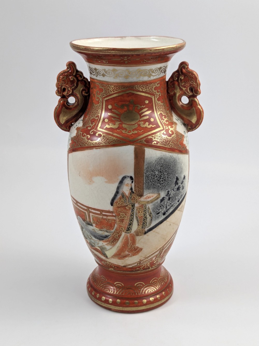 Meiji Kutani vase with shishi handles, signed Juzan, Japanese porcelain, 1903 View VII