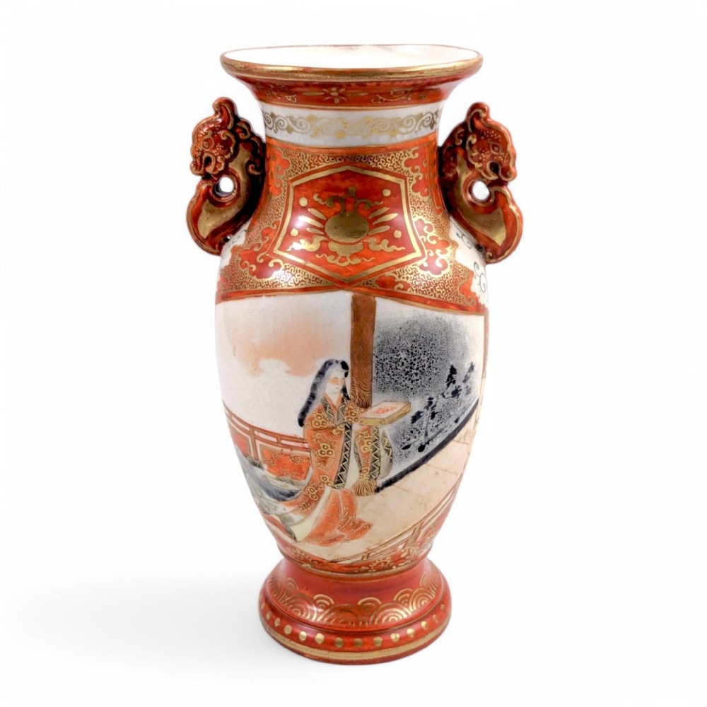 Meiji Kutani vase with shishi handles, signed Juzan, Japanese porcelain, 1903