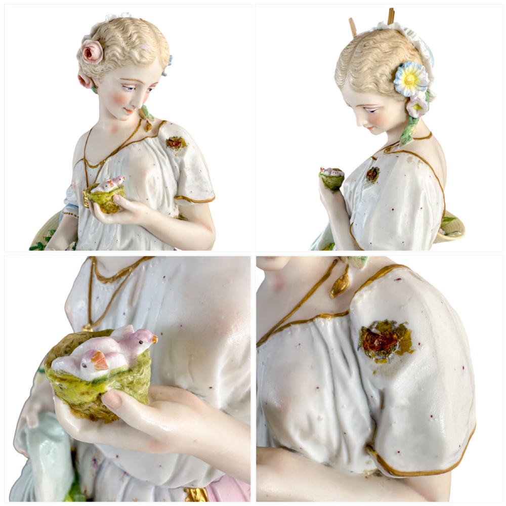 A pair of large French bisque porcelain sculptures featuring a shepherd and shepherdess with animals on gilded bases. View IX