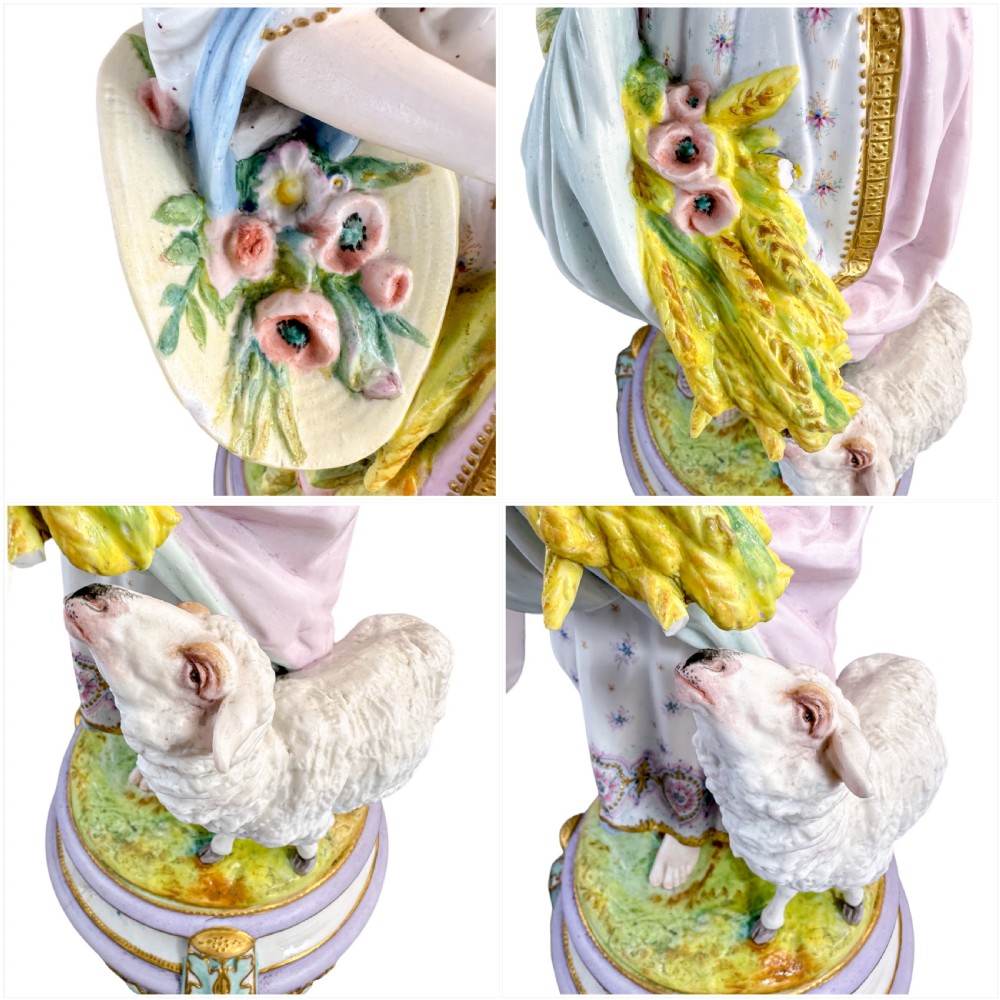 A pair of large French bisque porcelain sculptures featuring a shepherd and shepherdess with animals on gilded bases. View X