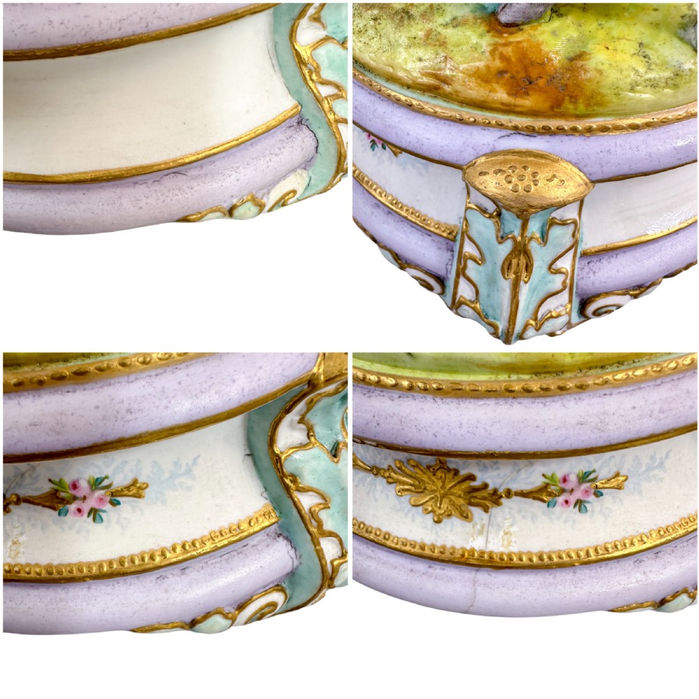 A pair of large French bisque porcelain sculptures featuring a shepherd and shepherdess with animals on gilded bases. View XI