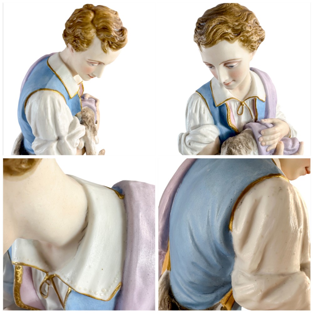 A pair of large French bisque porcelain sculptures featuring a shepherd and shepherdess with animals on gilded bases. View XIX