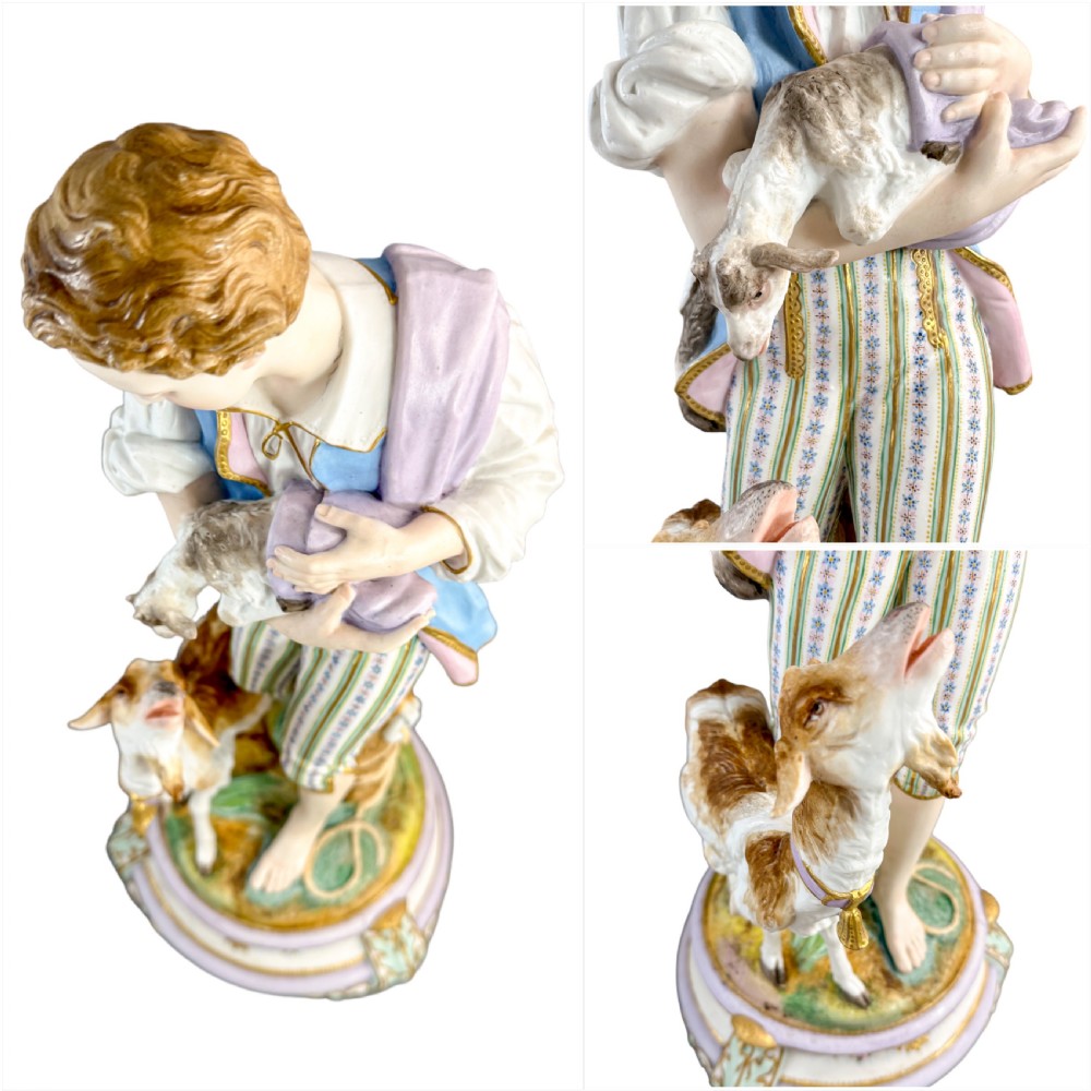 A pair of large French bisque porcelain sculptures featuring a shepherd and shepherdess with animals on gilded bases. View XXI