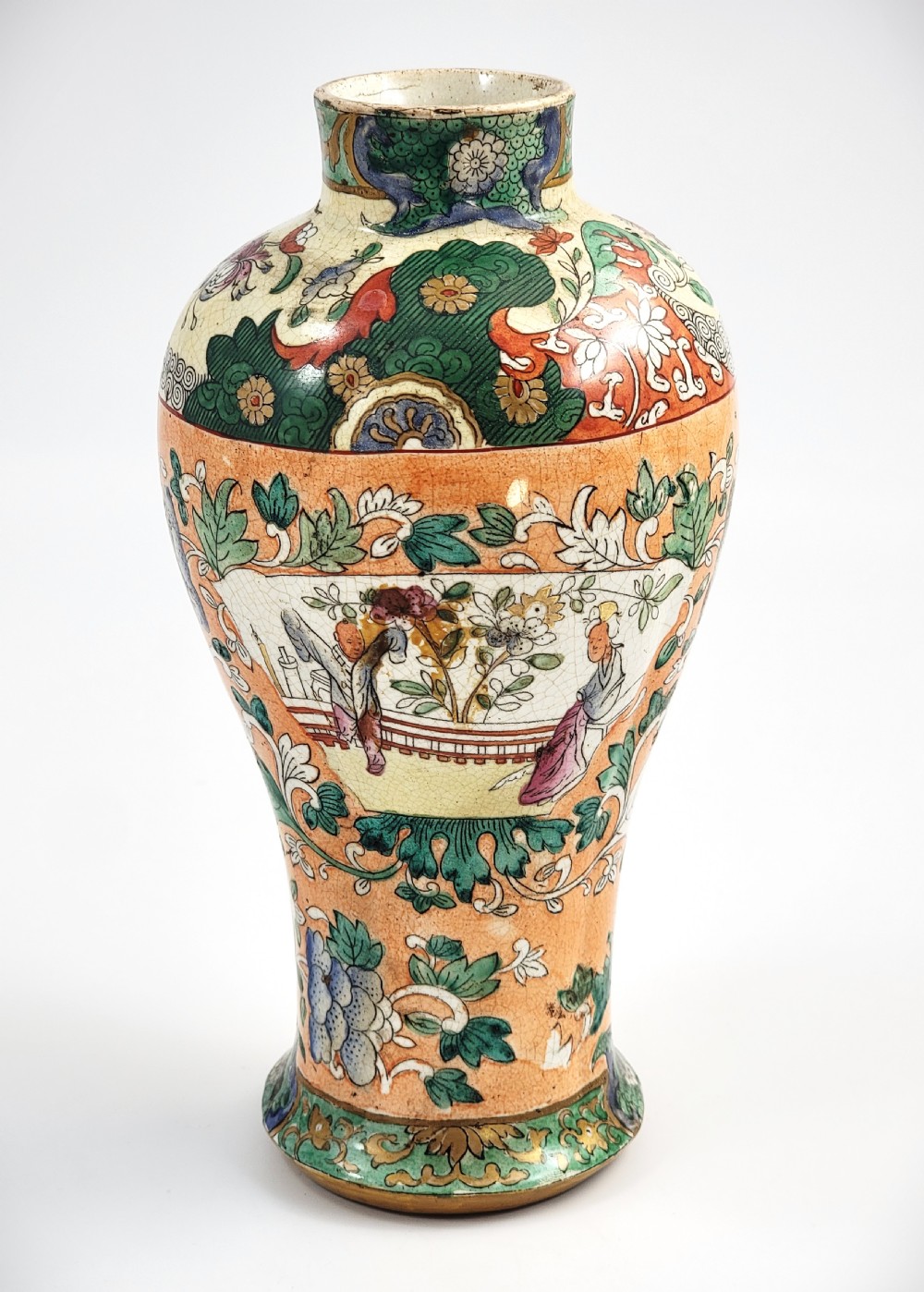 A Regency period baluster-shaped Miles Mason ironstone vase featuring an orange background with intricate hand-painted Chinoiserie floral patterns and polychrome enamel detailing. View VIII