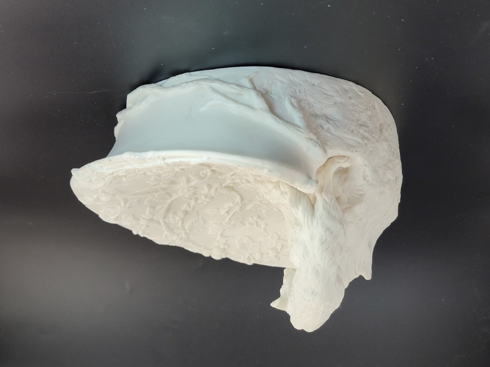 An off-white Parian porcelain centrepiece dish featuring a sculpted fox perched on a central stump above a rabbit in a hollow base surrounded by leaves. View VI