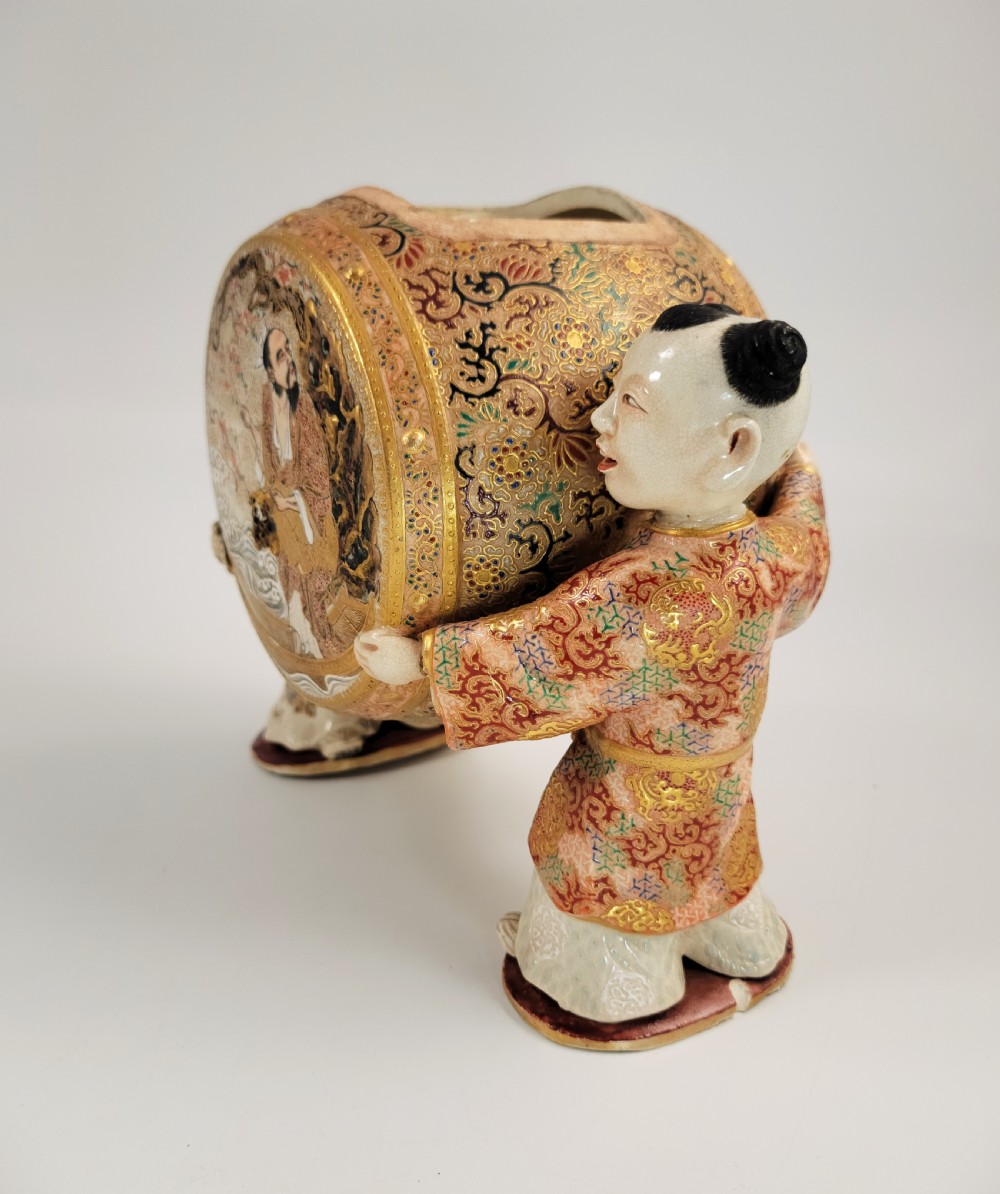Japanese Kutani-Satsuma Style Drum-Form Figural Incense Burner with Jurojin & Phoenix, Meiji c.1890 View II