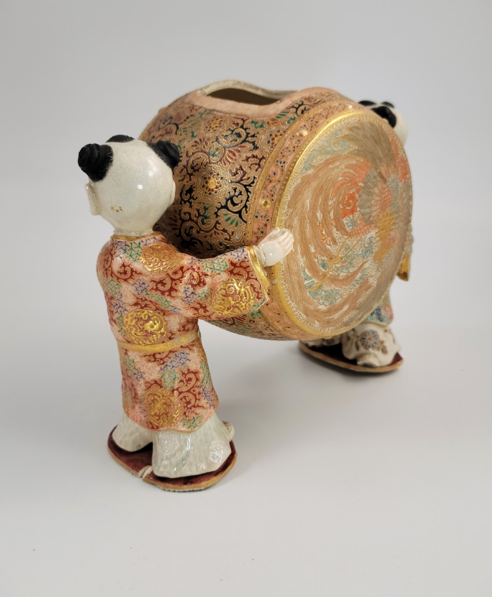 Japanese Kutani-Satsuma Style Drum-Form Figural Incense Burner with Jurojin & Phoenix, Meiji c.1890 View III