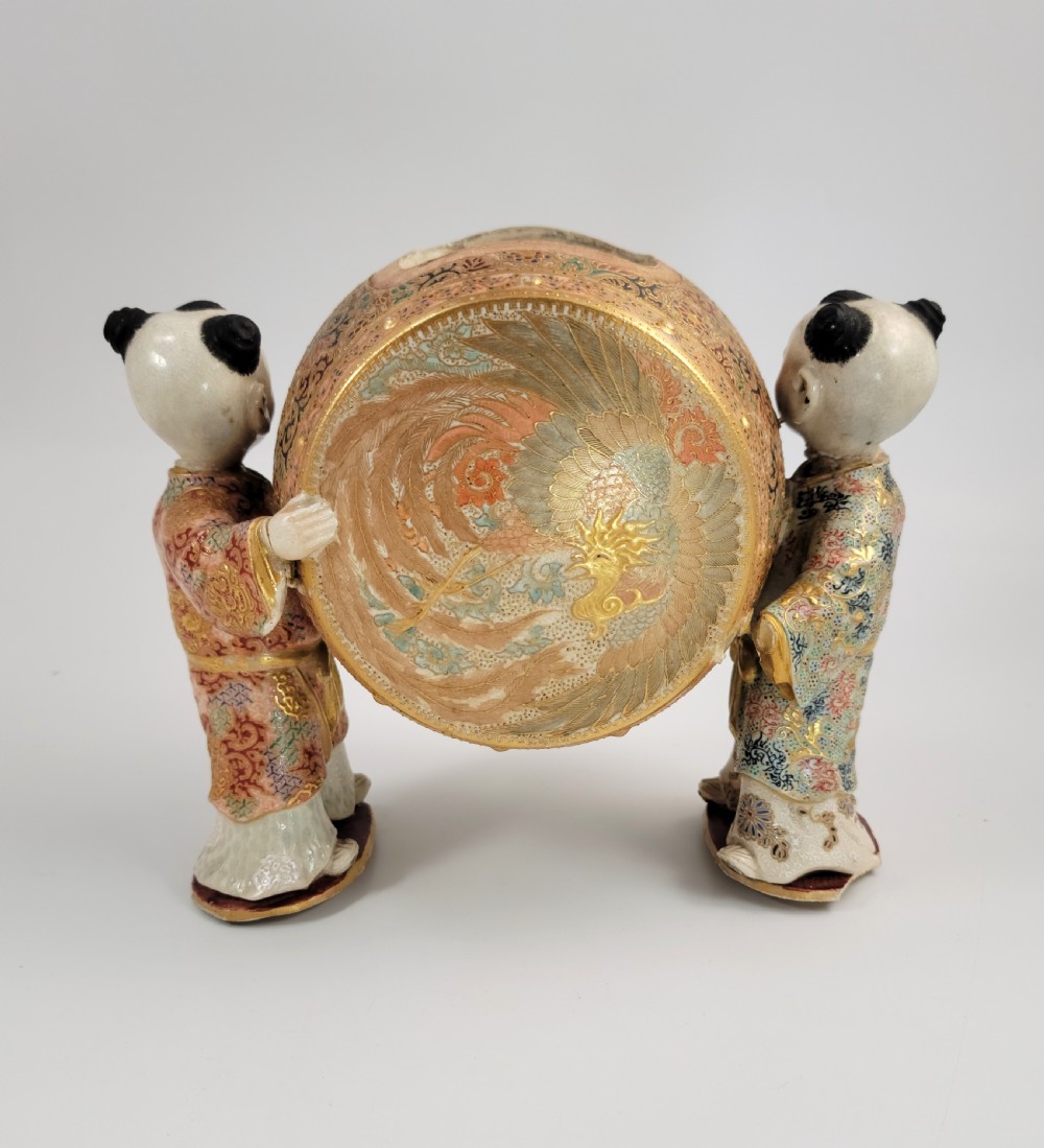 Japanese Kutani-Satsuma Style Drum-Form Figural Incense Burner with Jurojin & Phoenix, Meiji c.1890 View IV