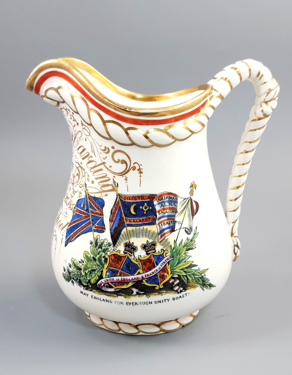 Rare Staffordshire Crimean War Alliance Jug by G.F. Bowers, c.1857
