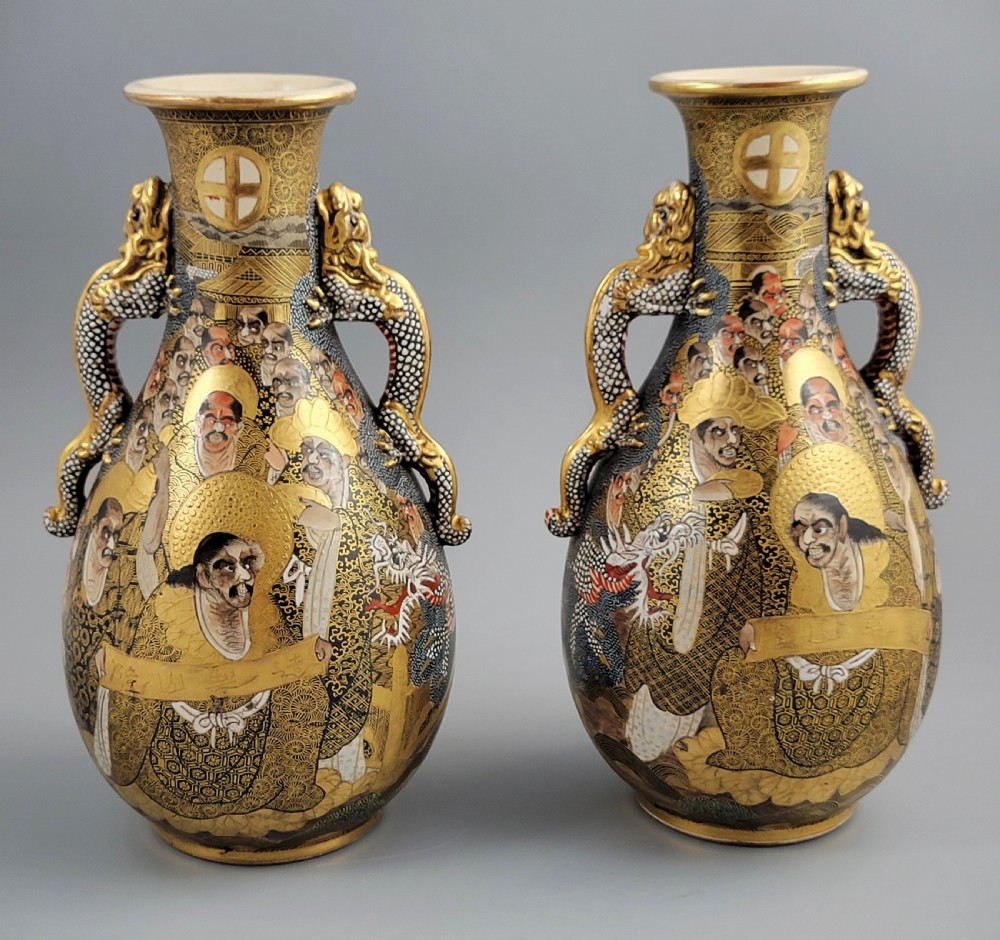 A Fine Pair of Satsuma Vases with Shimazu Crest, Japan, Late Meiji–Taisho Period (c. 1910–1920)