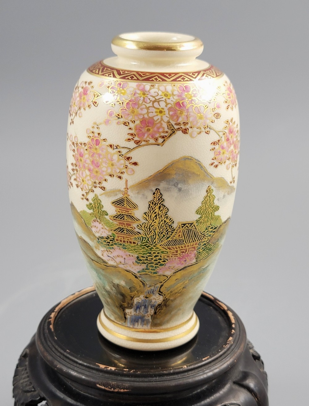 Satsuma Small Vase, Fuji Scene, Heian Mark, Kyoto, Japan, c.1890