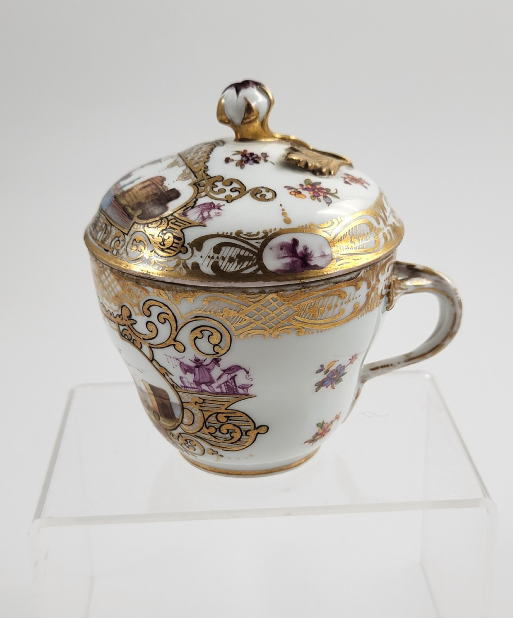 Meissen Covered Chocolate Cup, Harbour Views & Puce Chinoiserie, c. 1780–1820