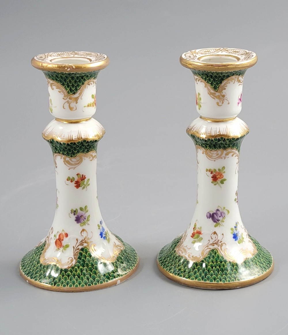 Small Pair of Porcelain Candlesticks, Karl Richard Klemm, Dresden, c.1895, Green Fishnet Design