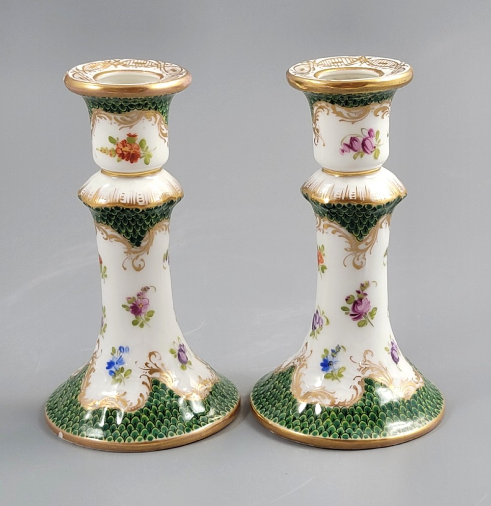 Small Pair of Porcelain Candlesticks, Karl Richard Klemm, Dresden, c.1895, Green Fishnet Design View II
