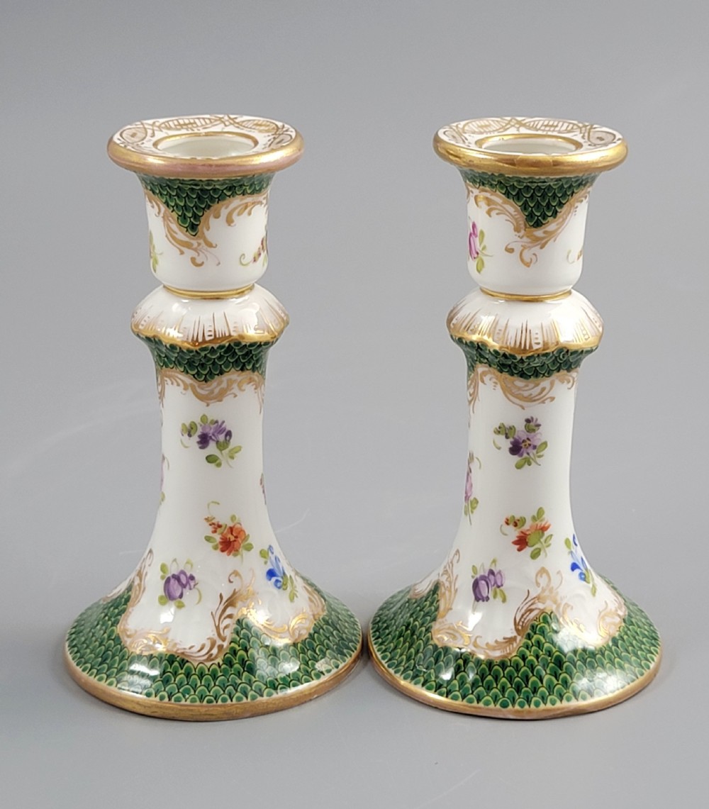 Small Pair of Porcelain Candlesticks, Karl Richard Klemm, Dresden, c.1895, Green Fishnet Design View III