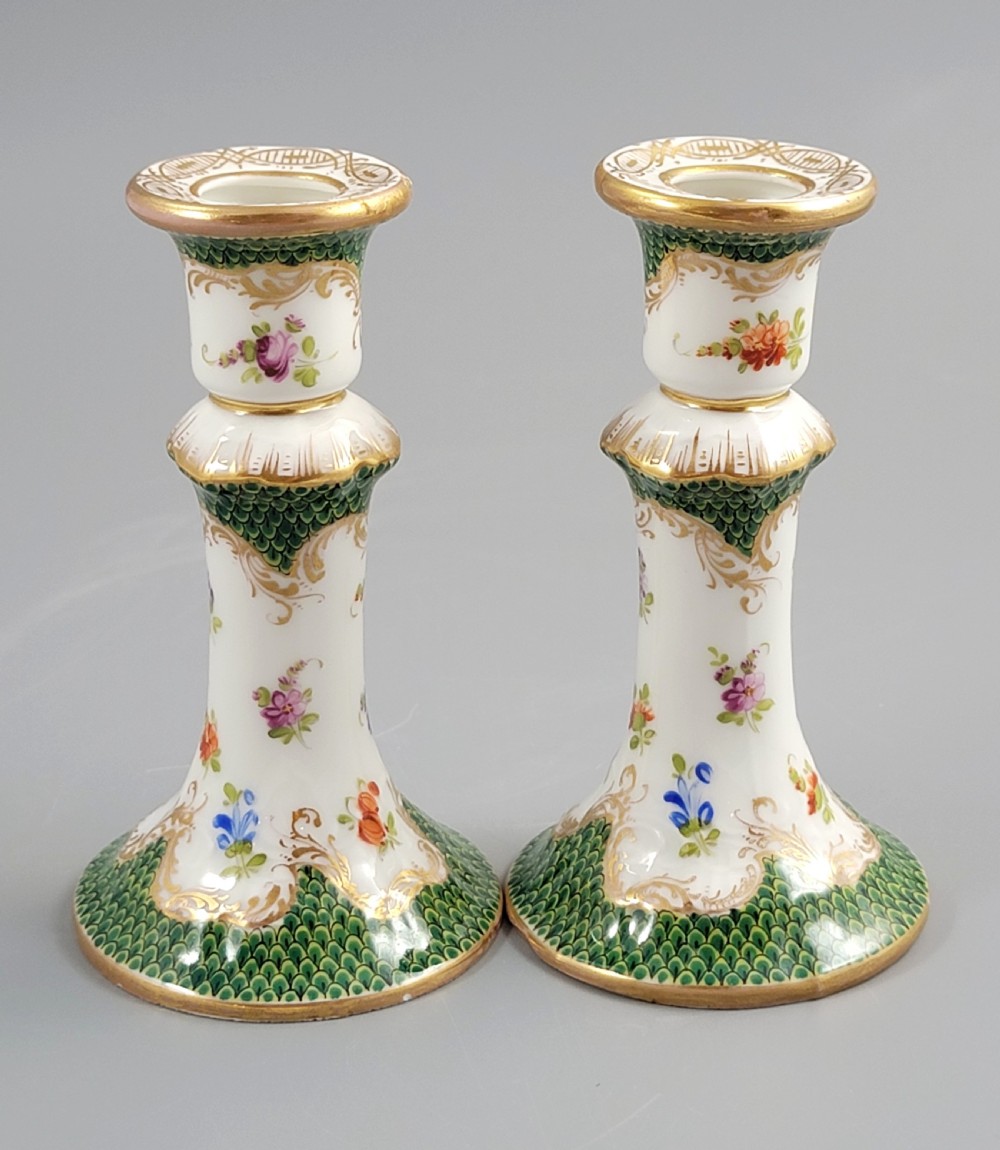 Small Pair of Porcelain Candlesticks, Karl Richard Klemm, Dresden, c.1895, Green Fishnet Design View IV