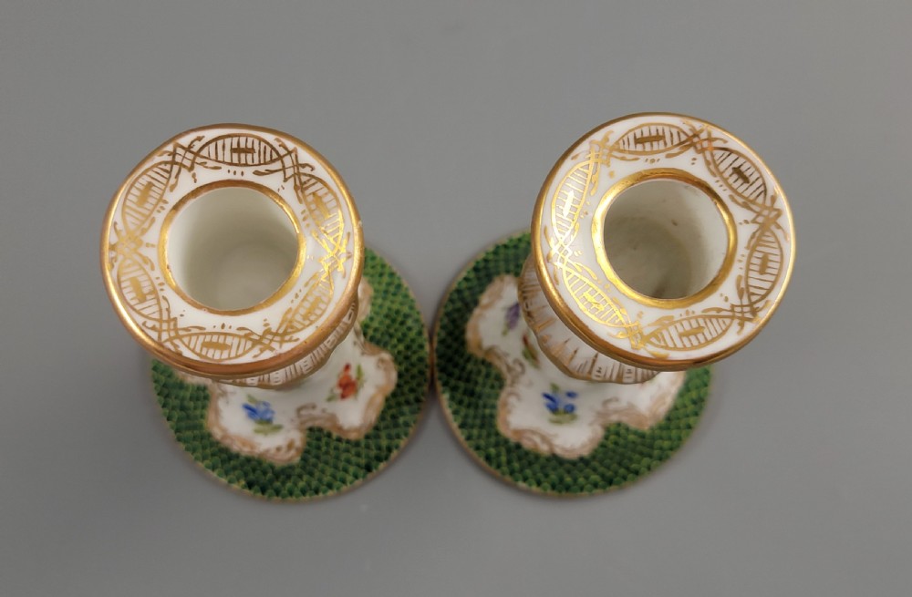 Small Pair of Porcelain Candlesticks, Karl Richard Klemm, Dresden, c.1895, Green Fishnet Design View V