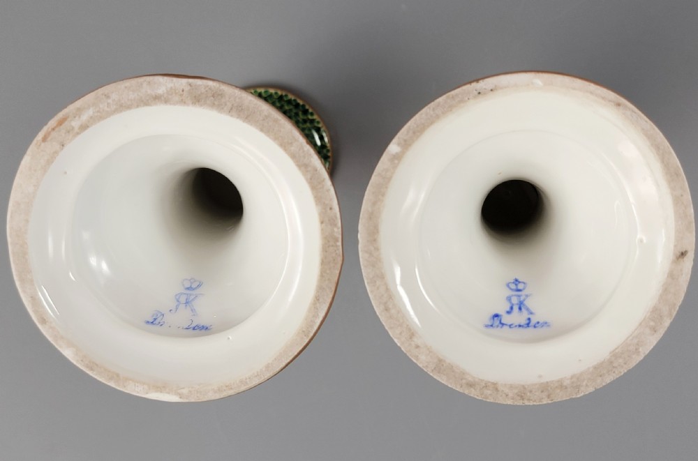 Small Pair of Porcelain Candlesticks, Karl Richard Klemm, Dresden, c.1895, Green Fishnet Design View VI