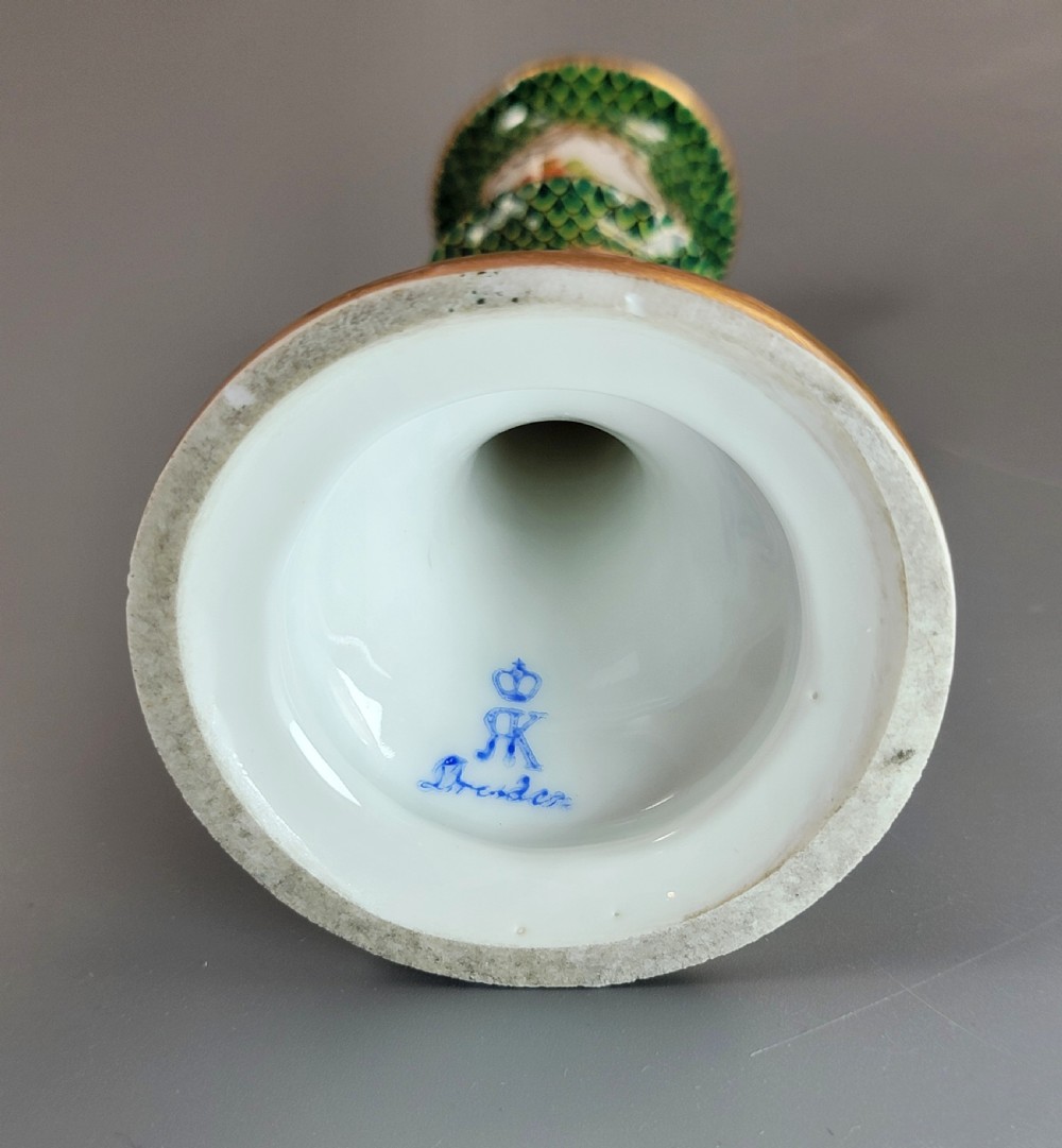Small Pair of Porcelain Candlesticks, Karl Richard Klemm, Dresden, c.1895, Green Fishnet Design View VII