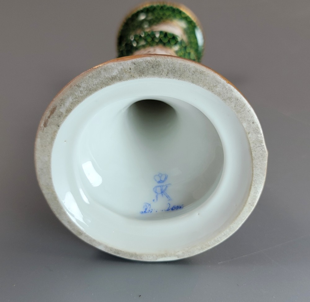 Small Pair of Porcelain Candlesticks, Karl Richard Klemm, Dresden, c.1895, Green Fishnet Design View VIII